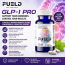 FUELD GLP-1 Pro supplement bottle with capsules on a purple and white promotional background with text callouts and microbiome graphics.