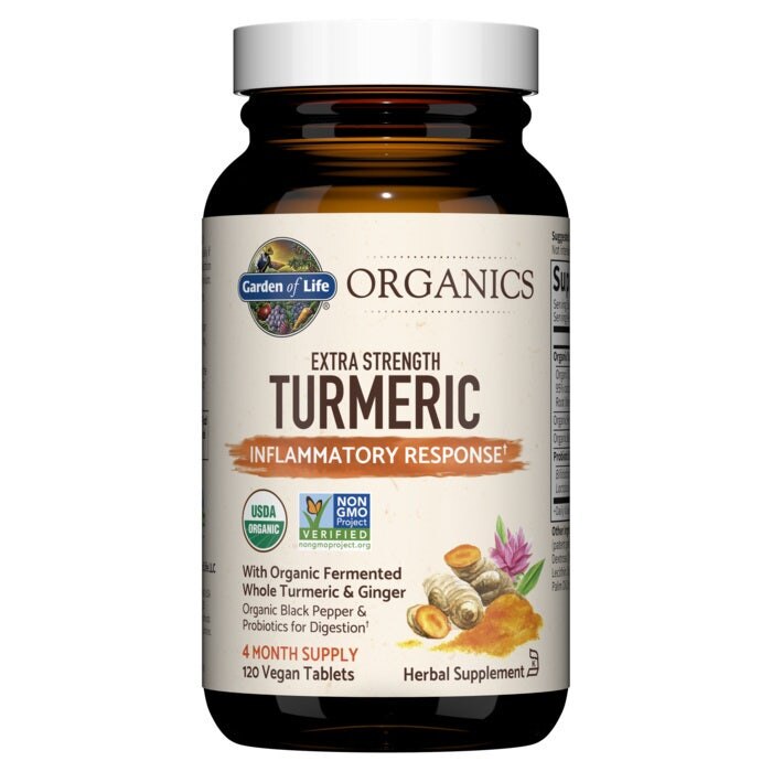 Bottle of Garden of Life Organics Extra Strength Turmeric supplement on a white background