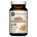 Supplement bottle labeled 'Organics Extra Strength Turmeric' by Garden of Life on a white background