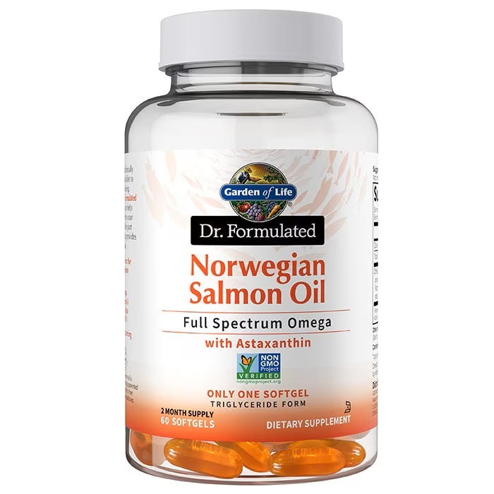 Bottle of Garden of Life Dr. Formulated Norwegian Salmon Oil on a white background