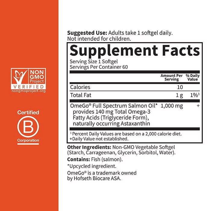 Supplement label with certification logos on an orange and white background