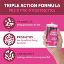 Probiotic supplement container with text explaining triple action formula on a pink background