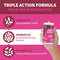 Probiotic supplement container with text explaining triple action formula on a pink background