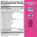 Supplement label with ingredient list and certification logos on a pink background