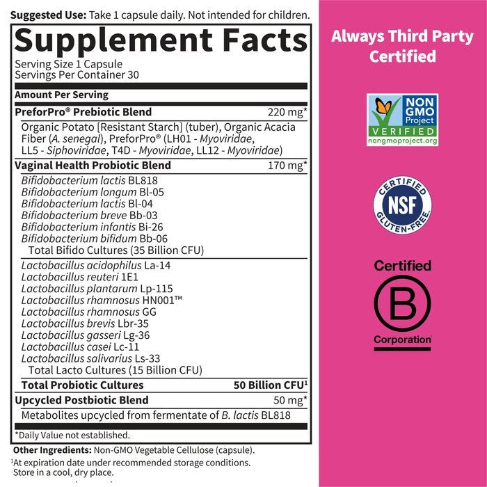 Supplement label with ingredient list and certification logos on a pink background