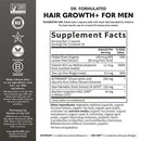 Supplement label for hair growth supplement for men with certification logos on a white background.