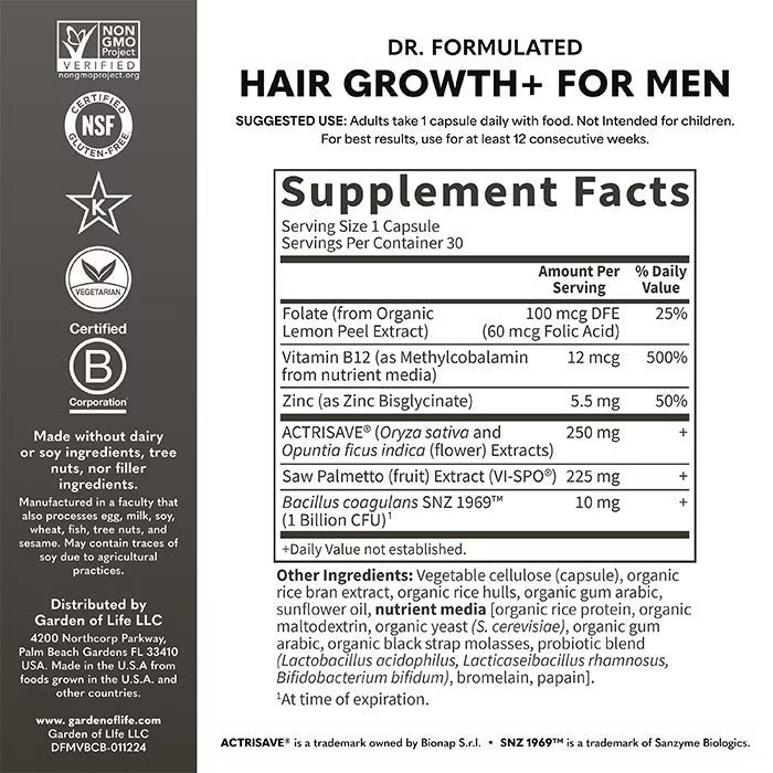 Supplement label for hair growth supplement for men with certification logos on a white background.