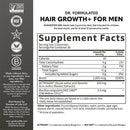 Supplement label for Dr. Formulated Hair Growth+ for Men, showing supplement facts and certification logos.