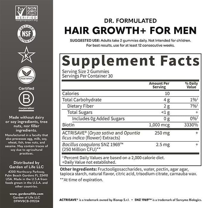 Supplement label for Dr. Formulated Hair Growth+ for Men, showing supplement facts and certification logos.