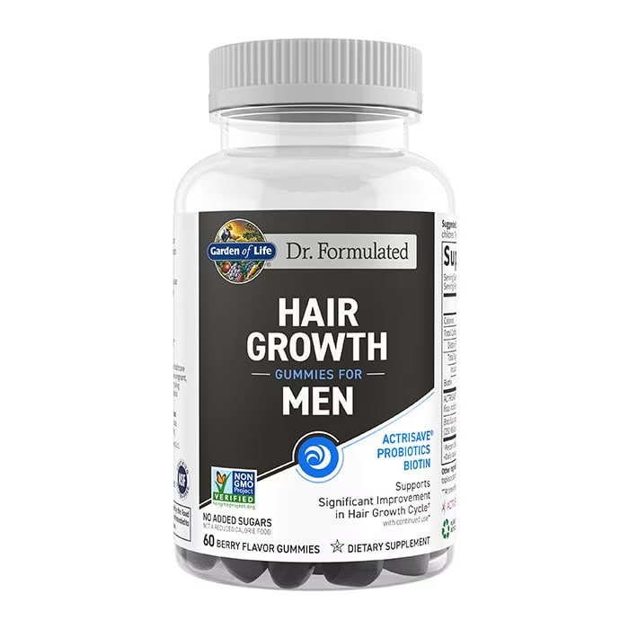 Bottle of Garden of Life Dr. Formulated Hair Growth Gummies for Men on a white background