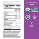 Supplement facts label with certification logos on a purple background