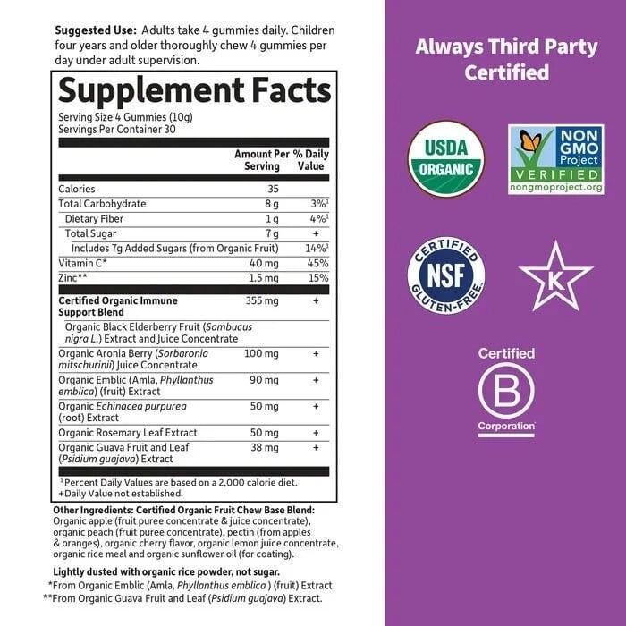 Supplement facts label with certification logos on a purple background