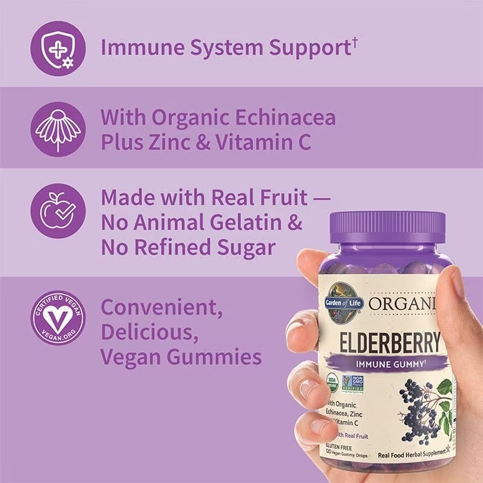 Bottle of Garden of Life Organic Elderberry gummies on a purple background with text about immune system support.