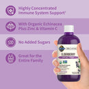 Hand holding a bottle of Organic Elderberry Immune Syrup with product details on a purple background