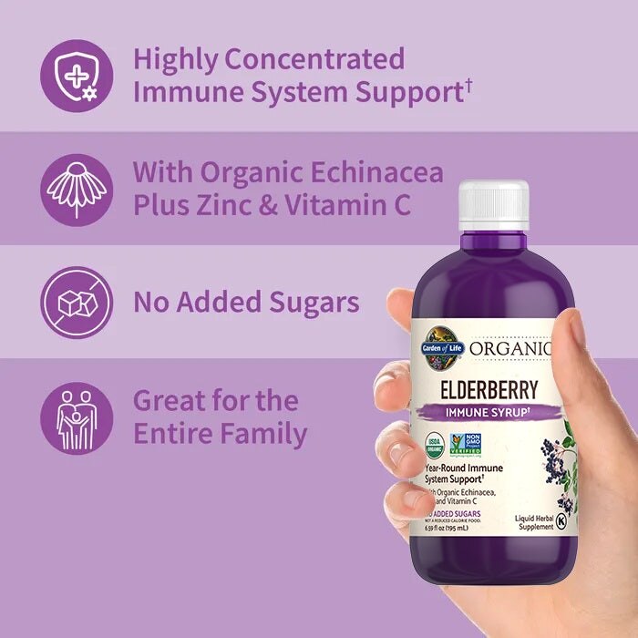 Hand holding a bottle of Organic Elderberry Immune Syrup with product details on a purple background