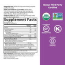 Supplement label with certification logos and ingredient list on a purple background