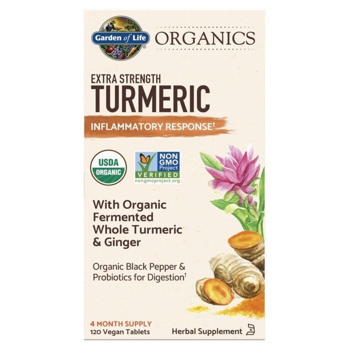 Box of Garden of Life Organics Extra Strength Turmeric supplement on a white background