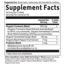 Supplement facts label for a turmeric blend with ginger, black pepper, and probiotics.