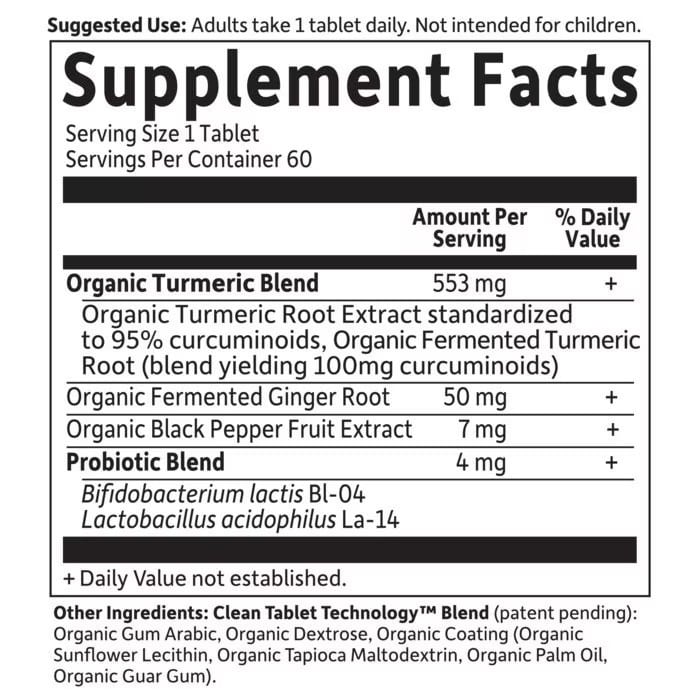 Supplement facts label for a turmeric blend with ginger, black pepper, and probiotics.