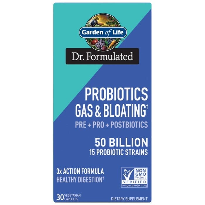 Garden of Life probiotics package for gas and bloating on a white background