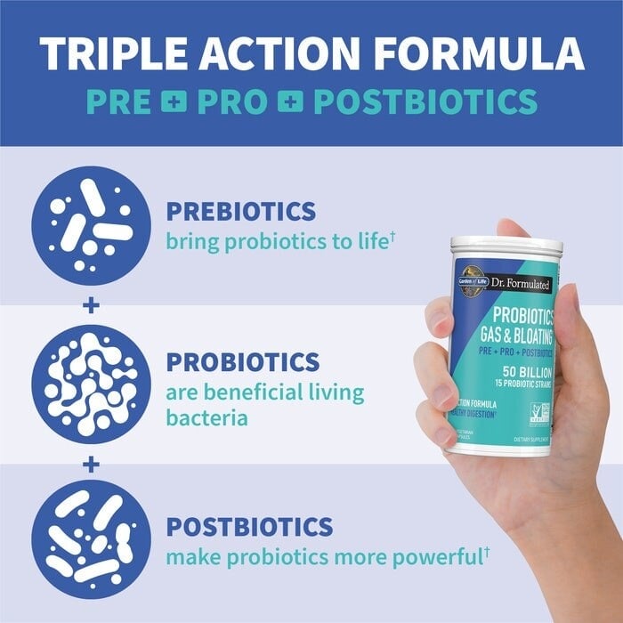 Probiotic supplement container with text explaining triple action formula on a light blue background