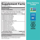 Supplement label with certification logos on a teal background