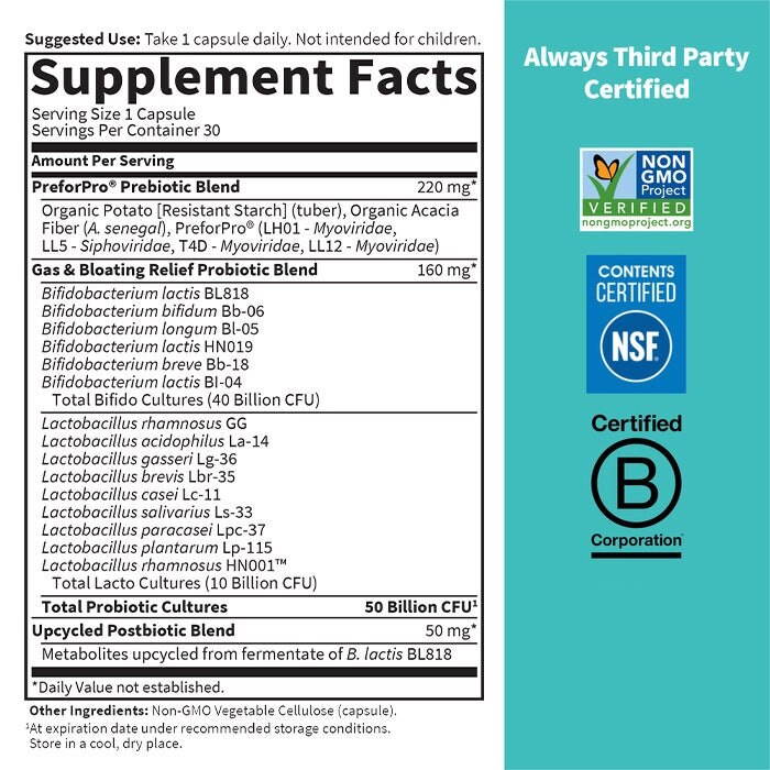 Supplement label with certification logos on a teal background