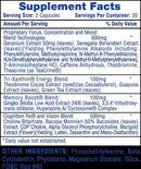 A close-up of a supplement facts label with a blue header reading 'Supplement Facts' and black text listing serving size, servings per container, amount per serving, daily value, blend ingredients, and other ingredients.