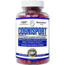 Bottle of Cognisport supplement with red capsules on a white background