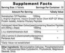 A black-and-white Supplement Facts label showing product details for Somatophen 70 Peptides, including serving size, servings per container, and listed ingredients with amounts and daily value percentages.
