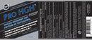 A close-up of a supplement label reading 'PRO HGH' with a black background, blue and white text, and a Supplement Facts panel and barcode visible.