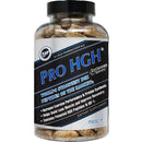 A clear plastic bottle of HGH Pharmaceuticals Pro HGH dietary supplement with a black cap and a black, white, and blue label, containing 150 count beige and brown capsules, shown against a solid black background.