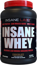 Insane Whey protein powder container with red and black design
