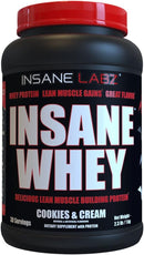 Insane Whey protein powder container with red cap and black label on a white background