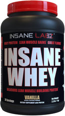 Insane Whey protein supplement container with red cap and black label