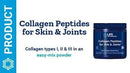 Container of collagen peptides for skin and joints with text on a blue background