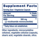 A Supplement Facts label showing NMN 300 mg as the main supplement ingredient, with serving size 1 vegetarian capsule and a list of other ingredients including microcrystalline cellulose, vegetable cellulose, stearic acid, vegetable stearate, and silica.