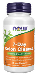 A white bottle of NOW Foods 7-Day Colon Cleanse dietary supplement with a dark purple cap and an orange and green label, containing 56 veg capsules.