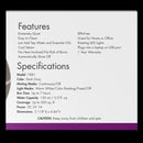 Product features and specifications on a label with a purple border.