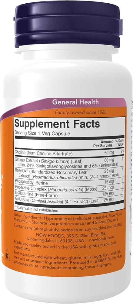 NOW Foods Brain Elevate, Ginkgo Biloba, RoseOx® & Phosphatidyl Serine 60 veg caps