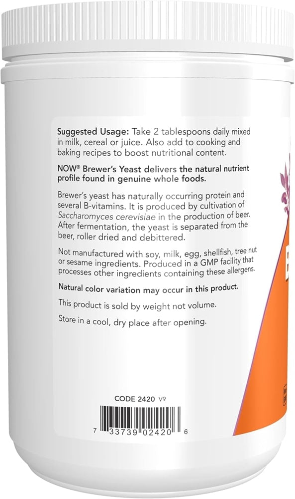 NOW Foods Brewer's Yeast Powder with naturally occurring Protein and B-Vitamins  1lb back of label, suggested use