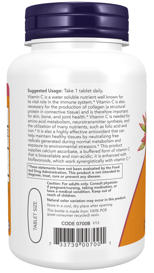 NOW Foods Buffered C-1000 complex Immune System Support 90 Tablets Label information