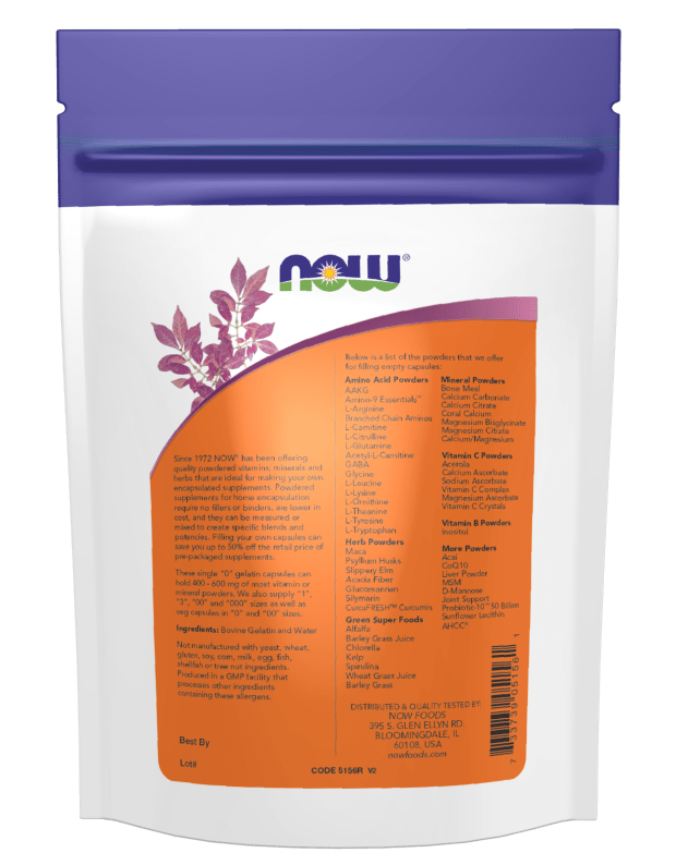 NOW Foods Double "00" Veg Capsules 250 Empty Veg Caps back of bag