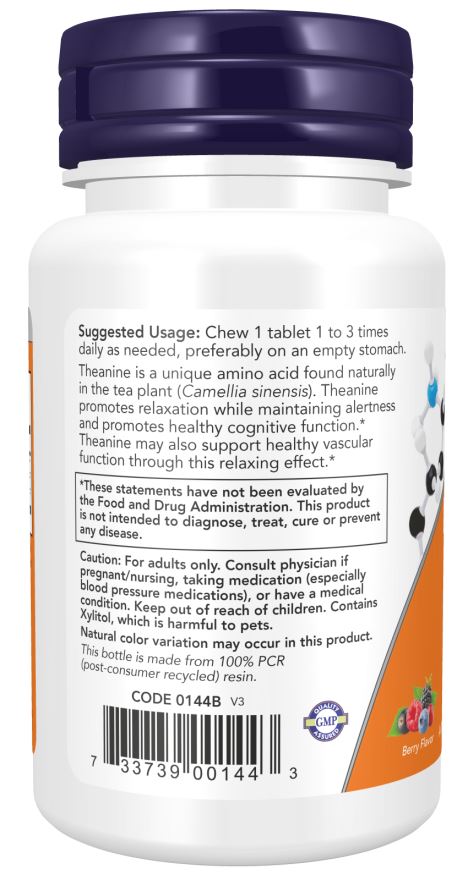 NOW Foods L-Theanine 100mg, promotes relaxation, healthy vascular function,  90 Chewables