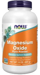 Supplement bottle of Magnesium Oxide Pure Powder with NOW brand on a white background