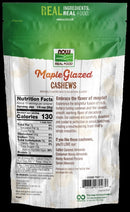 Package of NOW Real Food Maple Glazed Cashews with nutritional information and branding.