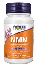 Supplement bottle labeled 'NMN' with NOW brand on a white background