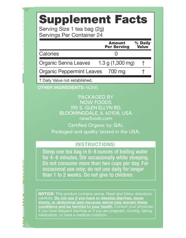 NOW Foods Organic Senna Tea, 24 Tea Bags Mint flavor Supplement Facts