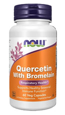 Supplement bottle labeled 'Quercetin with Bromelain' by NOW on a white background