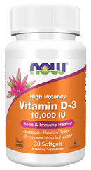 NOW Foods Vitamin D3 10,000IU Highest Potency, Structural Support, 30 Softgels